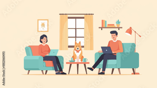 People and dog working on laptops in a cozy living room with a window