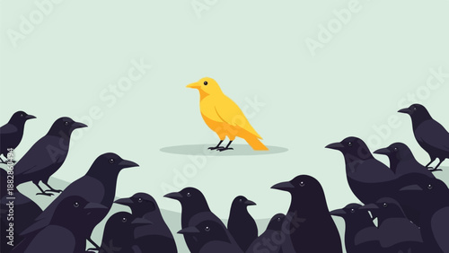 One bright yellow bird stands out amidst a crowd of dark birds