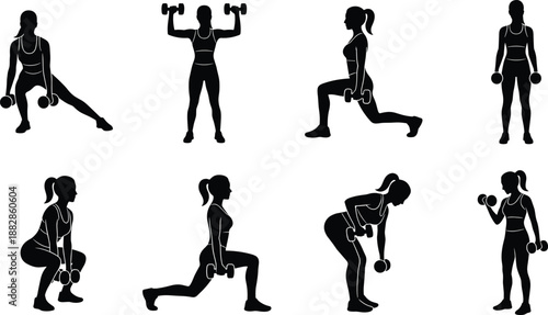 Set of woman workout silhouettes with dumbbells in different exercises, fitness training poses collection for gym, strength and bodybuilding design, isolated.