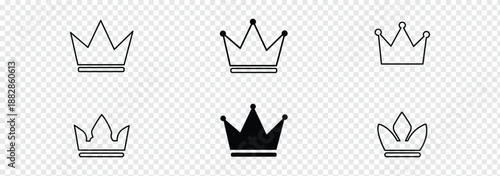 Crown icon set. Royal king or queen crowns collection. Luxury logo element. Heraldic monarch symbol of power and majesty. Golden and black silhouette vector illustration. trophy, diamond, medal, star