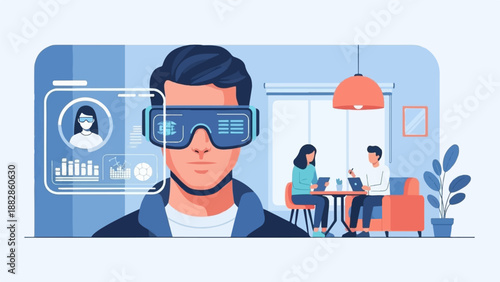 Man in VR headset interacts with digital interface, colleagues work in background