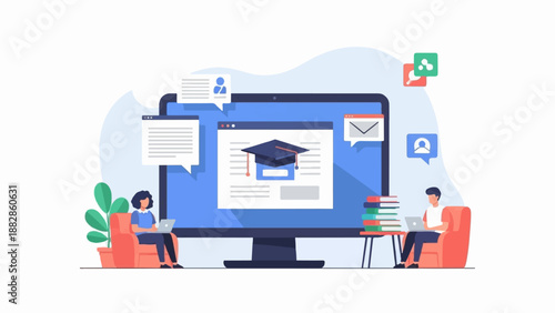 Online education with students learning on laptops by a large monitor