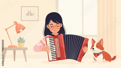 Girl plays accordion for happy corgi by window
