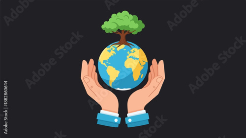 Hands cradle the Earth with a lush green tree growing from its top