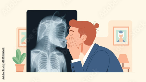 Man kissing an X-ray of a woman's skeleton