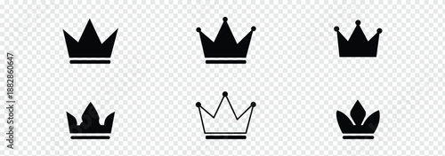 Crown icon set. Royal king or queen crowns collection. Luxury logo element. Heraldic monarch symbol of power and majesty. Golden and black silhouette vector illustration. trophy, diamond, medal, star