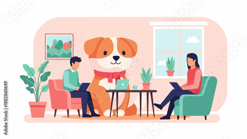 People and dog working on laptops in a cozy living room