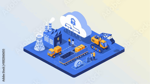 Isometric industry scene with a factory, trucks, crane, and cloud technology