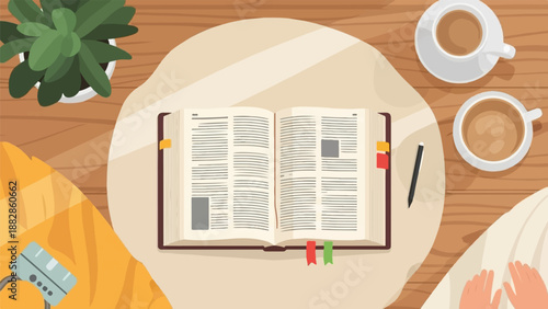 Open book with cups of coffee and plant on wooden table