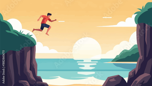 Man jumps across a cliff gap at sunset over the ocean