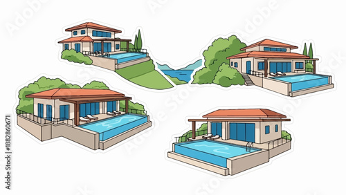 Four modern villas with pools, set against lush greenery and water