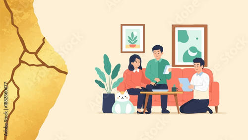 People gathered in a living room, discussing plans with a cat and Kintsugi background