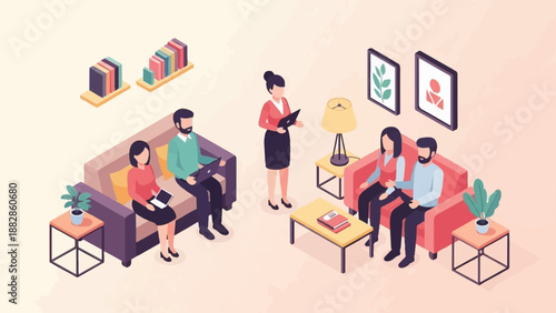 Isometric office meeting with people on sofas and table