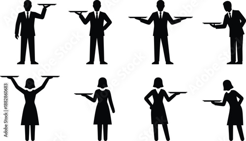 Set of waiter and waitress silhouettes holding serving trays, restaurant service staff in different poses, black catering icon collection isolated on white.
