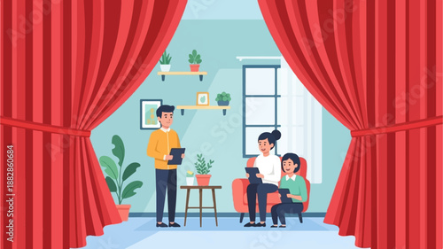 People gathered for a discussion indoors, with red curtains framing the scene