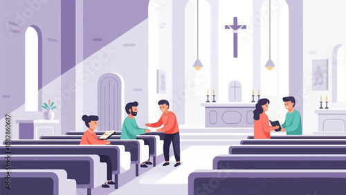 People gathered in a church, engaging in worship and community