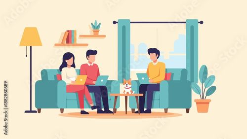 People and dog working on laptops on a couch in a room