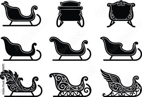 Set of Santa sleigh silhouettes in different styles, black Christmas sled icon collection with decorative ornament designs, isolated on white background vector.