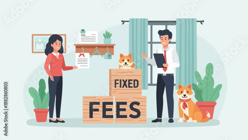 People and dogs discuss fixed fees, presenting documents indoors