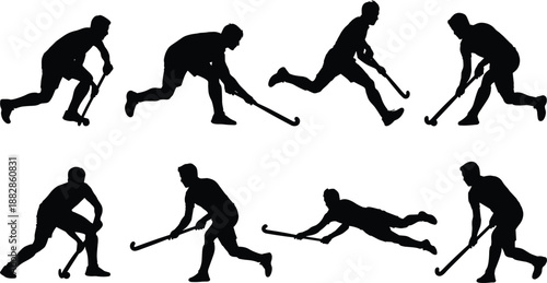 Set of field hockey player silhouettes in different action poses, dribbling, passing and shooting, black sport people icon collection isolated on white.