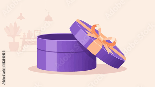 Open round purple gift box with orange ribbon on a neutral background
