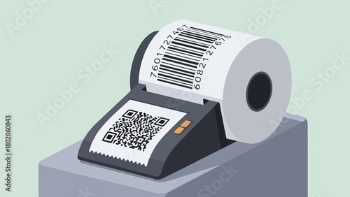 Isometric view of a point-of-sale receipt printer with QR and barcode