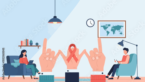 Hands form pinky promise with red ribbon symbol, people in chairs