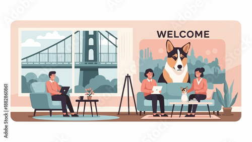 People and dogs relax in a living room overlooking a city bridge