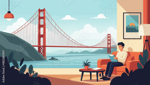 Man on couch with tablet, Golden Gate Bridge backdrop