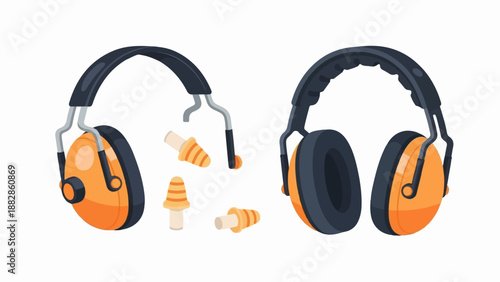 Orange and black ear protection devices with earplugs