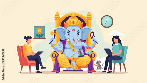 God Ganesha sits on throne with people working on laptops nearby
