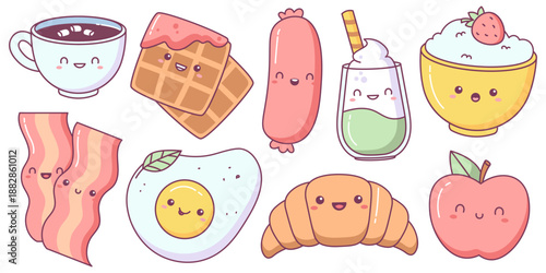 Isolated set of kawaii breakfast food cartoon characters with cute smiling faces happy expression