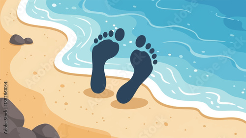 Footprints in the sand with waves gently lapping at the shore