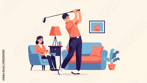 Man practices golf swing indoors with woman and dog watching
