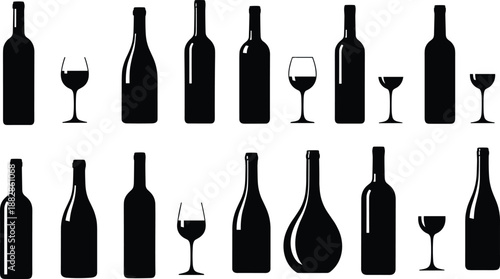 Vector illustration of various wine bottle silhouettes and wine glass icons, elegant beverage packaging shapes, alcoholic drink symbols set for bar menu design.