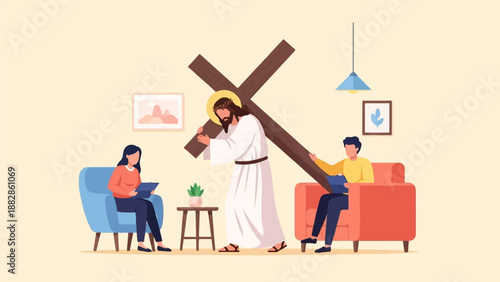 Jesus carries a cross through a room with people on couches reading