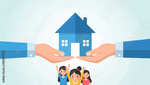 Hands holding blue house over cheerful children with arms raised