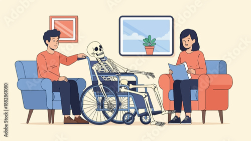 Man pushes skeleton in wheelchair next to woman reading book