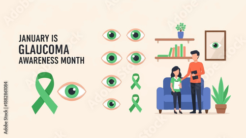 January is Glaucoma Awareness Month eyes, ribbons, people, and a room