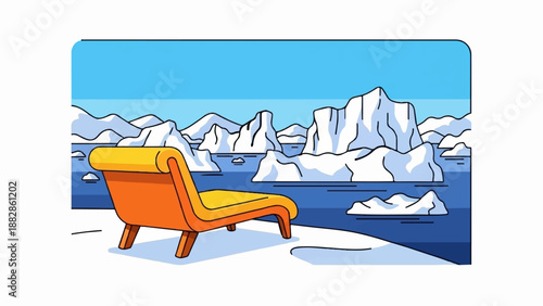 Orange lounge chair faces vast icebergs in icy blue water under clear sky