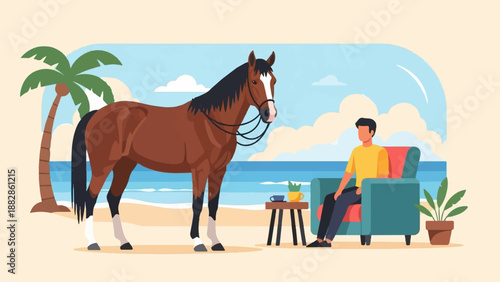 Man relaxes on beach chair with horse, palm trees, and ocean backdrop
