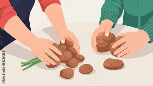 Hands sorting fresh potatoes and green onions on a light-colored surface