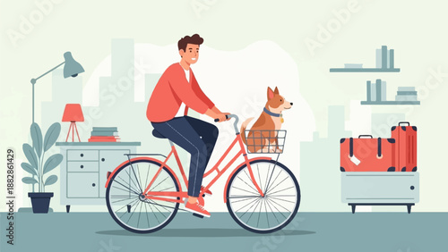 Man rides bicycle with dog in basket, travel suitcases, home interior