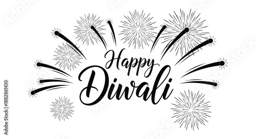 A festive illustration depicting a happy diwali greeting surrounded by bursting fireworks in a striking dark silhouette high quality professional detailed