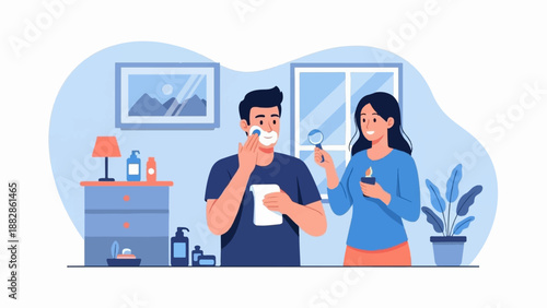 Man shaves while woman holds magnifying glass and candle