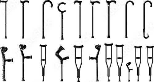 Vector illustration of various walking stick silhouettes and medical crutch icons set, mobility aid equipment shapes, orthopedic support tools isolated on white background,