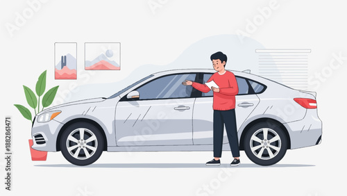 Man shows off a sleek silver sedan in a modern indoor setting