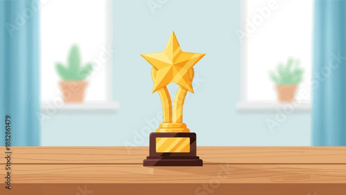 Golden star trophy with potted plants and blue curtains in background