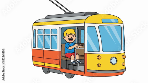 Happy boy driving a cartoon tram