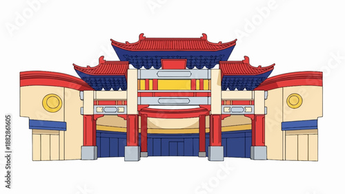 Ornate architectural structure with red, blue, and yellow hues